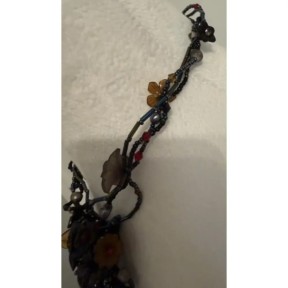 Vintage Artisan Wearable Art Beaded Floral Necklace Gunmetal Boho Gothic - Picture 7 of 8